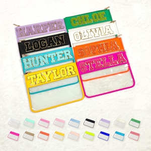 Bolsa transparente personalizada con parches de nailon transparente, bolsa con cremallera, organizador de maquillaje, refrigerios, cosméticos, artículos de tocador de viaje, FPS, plana, personalizable, de chenilla.