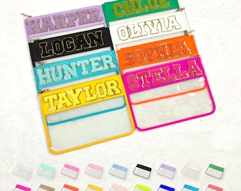 Personalized Clear Pouch Clear Nylon Patches Bag Zip Pouch Makeup Snacks Cosmetic Travel Toiletry Organizer SPF Flat Customizable Chenille