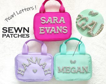 Bolsa de almuerzo personalizada con letras de perlas, lonchera con parches, bolsa de almuerzo de nailon chenilla con letras, bolsa térmica aislante para la vuelta al cole