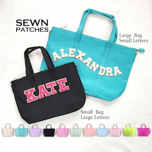 Bolso pequeño Bolso grande Bolso de mano con parches cosidos Bolso de mano de nailon personalizado Parche de letras de chenilla Bolso de noche personalizado Tamaño S Tamaño L Bolso personalizable
