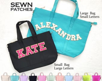 Large and Small Tote Bag Personalized Sewn Patches Nylon Tote Bag Chenille Letter Patch Custom Overnight Bag Dance Bag Customizable