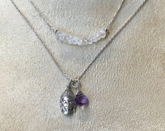 Double Strand Buddha Charm Necklace with Amethyst and Moonstone