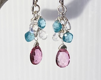 Gemstone Cluster Earrings, Pink topaz Apatite Moonstone Cluster Earrings Sterling Silver Earrings