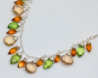 Multi Gemstone Cluster Necklace Wire Wrapped in Sterling Silver