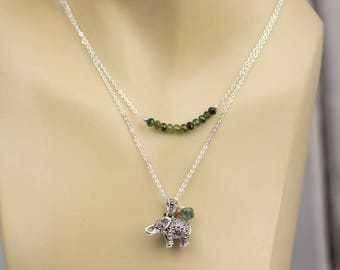 Elephant Charm Necklace with Gemstones, Elephant Pendant, Double Strand Necklace, Tourmaline