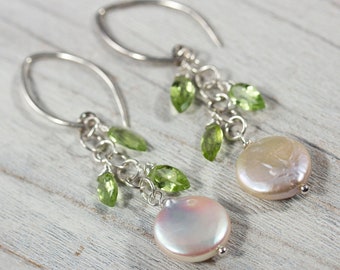 Pearl and Peridot Dangle Earrings (Gemstone Cluster Earrings)