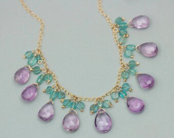 Gold Amethyst and Apatite Necklace, Purple and Teal Beaded Necklace