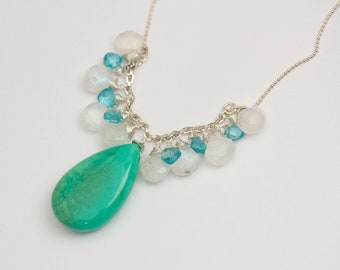 Peruvian Green Opal Necklace (Moonstone, Apatite, Gemstone Cluster)