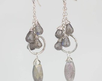 Labradorite Earrings (Wire-Wrapped Gemstone Dangle Earrings, Sterling Silver)