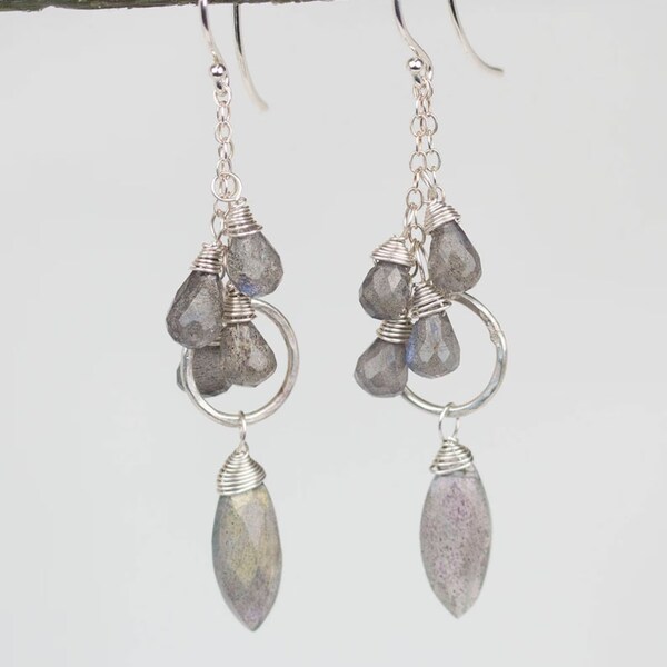 Labradorite Earrings (Wire-Wrapped Gemstone Dangle Earrings, Sterling Silver)