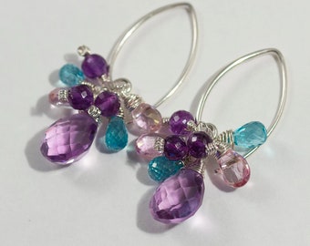 Amethyst Cluster Earrings (Apatite Pink Topaz Gemstone Dangle Earrings)