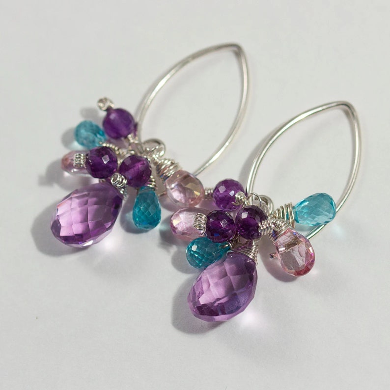 Amethyst Cluster Earrings Apatite Pink Topaz Gemstone Dangle Earrings image 1