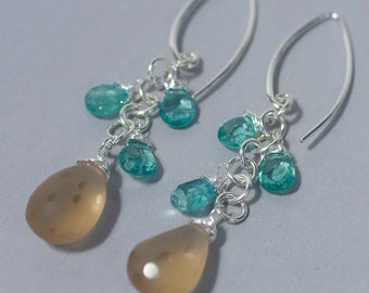 Frosted Champagne Quartz and Teal Apatite Cluster Dangle Earrings