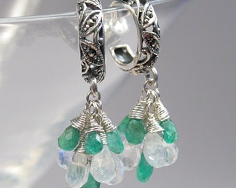 Genuine Green Emerald Rainbow Moonstone Hoop Earrings (Gemstone Cluster)