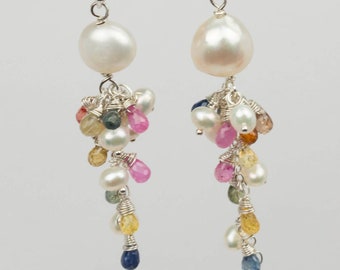 Sapphire and Pearl Earrings (Long Pearl Earrings, Wedding Jewelry)