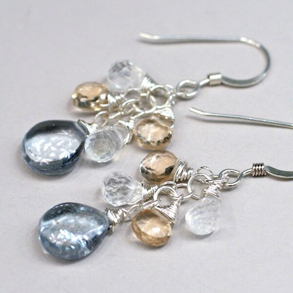 Gray and Gold - gray quartz, champagne quartz, rainbow moonstone earrings