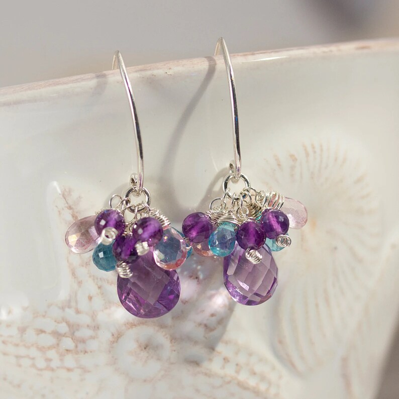 Amethyst Cluster Earrings Apatite Pink Topaz Gemstone Dangle Earrings image 3