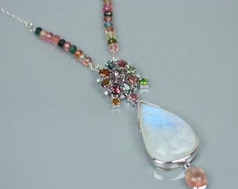 Rainbow Moonstone Necklace in Sterling Silver (Statement Necklace, Tourmaline Necklace)