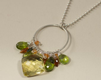 Lemon Topaz Circle Pendant Gemstone Cluster in Silver on Bead Chain