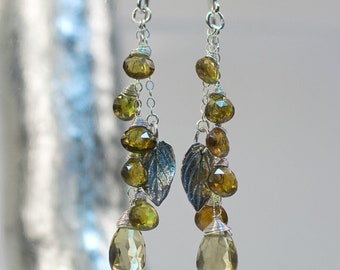 Long Green Gemstone Cluster and Leaf Earrings in Sterling Silver