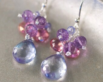 Delicate Blue Pink Purple Cluster Earrings (Gemstone, Dangle)