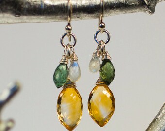 Handmade Gemstone Cluster Earrings (Dangle Earrings Honey Quartz Green Apatite Rainbow Moonstone)
