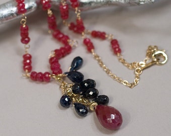 Ruby and Sapphire Gold Tassel Necklace, Wire Wrapped in Solid 14 Karat Gold