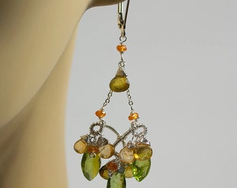 Boho Wire-Wrapped Gemstone Chandelier Earrings (Peridot and Citrine)