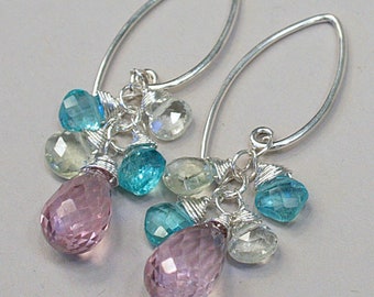 Gemstone Drop Earrings in Pink and Teal