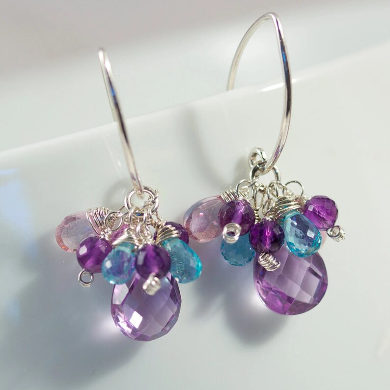 Amethyst Cluster Earrings Apatite Pink Topaz Gemstone Dangle Earrings image 2