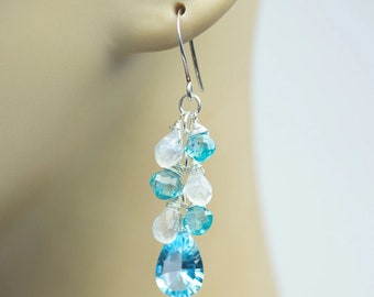 Swiss Blue Topaz Dangle Earrings (Handmade Wire-Wrapped Gemstone Cluster Earrings)