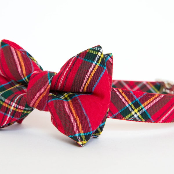 Christmas Dog Bow Tie Plaid Collar - Bright Red Holiday Tartan