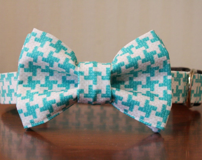 Dog Bowtie Collar Turquoise Houndstooth Etsy