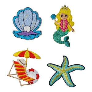 Shell Mermaid Patches Seashell Pearl Summer Beach Patch Cartoon DIY For Jackets Starfish Sew Iron on Embroidered Patch (Pack of 4 pieces)