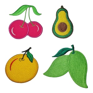 Orange Patches Avocado Cartoon Cherry Embroidered Iron on Patch Applique Fruit DIY Shirt Clothing Backpack Jacket Jeans (Pack of 4 pieces)