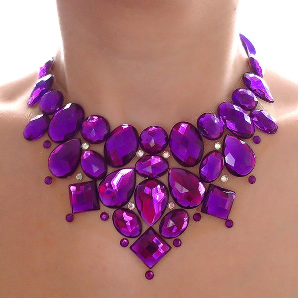 Purple Rhinestone Bib Necklace, Gift for Her, Purple Necklace, Rhinestone Statement Necklace, Statement Jewelry, Purple Jewelry