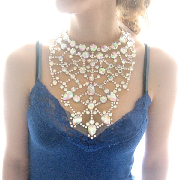 Crystal AB Rhinestone Mega Statement Necklace, Rhinestone Illusion Necklace, Dramatic Necklace, Clear AB Floating Statement Necklace