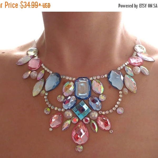 ON SALE Elegant Pink and Blue Rhinestone Bib Necklace, Pastel Rhinestone Statement Necklace, Cotton Candy Illusion Necklace, Illusion Jewelr