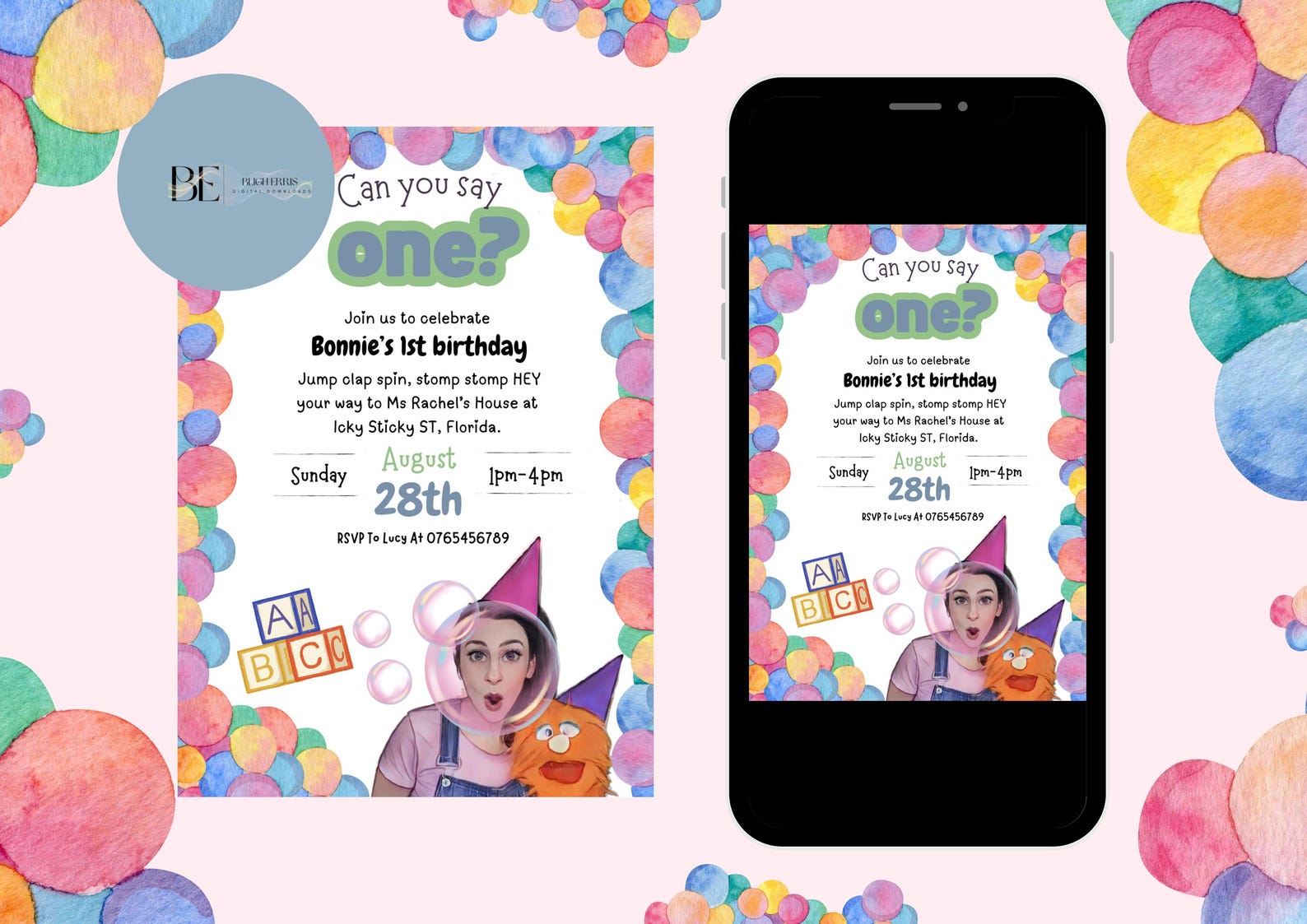 Ms Rachel Birthday Party Invitation Bundle, Thankyou for Coming Tags ...