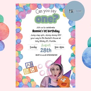Ms Rachel birthday party invitation bundle, thankyou for coming tags, welcome sign, lunch box picture,