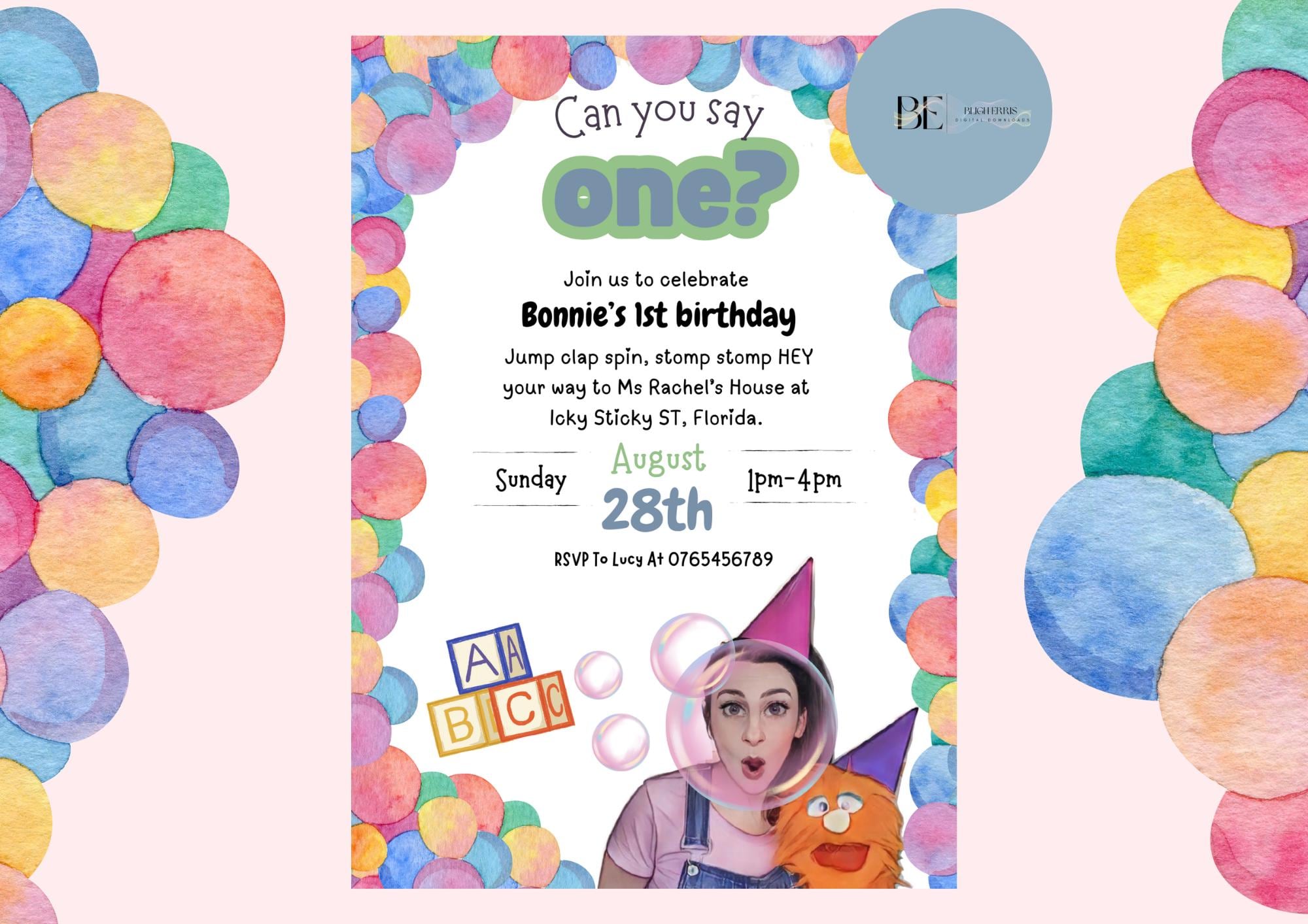 Ms Rachel Birthday Party Invitation Bundle, Thankyou for Coming Tags ...