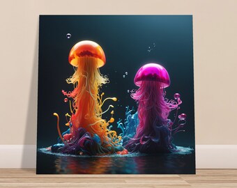 Neon Jellyfish Canvas Print - Vibrant Ocean Wall Art - Marine Life Decor - Teen Bedroom Bathroom - Unique Sea Creature Gift