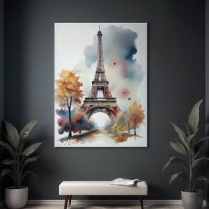 Torre Eiffel abstracto acuarela en colores otoñales Lienzo Cartel Acrílico listo para colgar Salón Dormitorio Decoración mural
