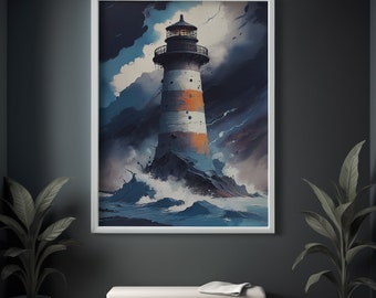 Lighthouse Storm Canvas Print - Dramatic Seascape Wall Art - Nautical Ocean Decor - Coastal Beach House - Sailor Gift