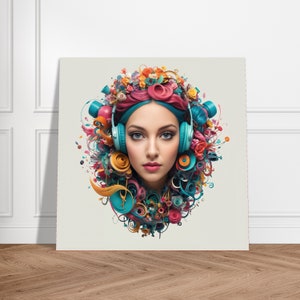 Retrato EDM Música Chica con Auriculares Lienzo Póster Acrílico Primer Plano Arte Moderno Listo para colgar Sala de estar Estudio de música