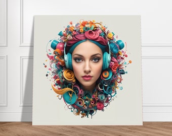 EDM Girl Canvas Print - Music Lover Portrait Wall Art - Neon Headphones Decor - Teen Bedroom Art - DJ Festival Gift