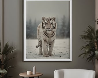 Siberian Tiger Canvas Print - White Tiger Wildlife Wall Art - Snowy Big Cat Portrait - Man Cave Lodge Decor - Gift for Him