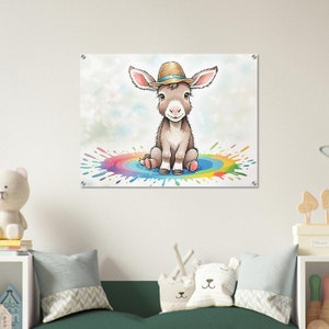 Esel mit Strohhut in Farbpfütze Bilder für Kinder Leinwand Poster Acryl bunt fertig zum Aufhängen farbenfroh süßes Tier Kinderzimmer Deko