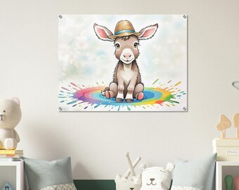 Cute Donkey Canvas Print - Colorful Nursery Animal Wall Art - Farm Theme Kids Room Decor - Baby Shower Gift - Playroom Art