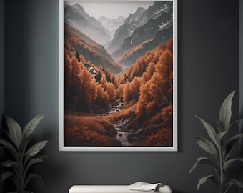 Mountain Valley Canvas Print - Autumn Forest Landscape Wall Art - Fall Nature Scenery Decor - Cabin Lodge Style - Hiking Gift